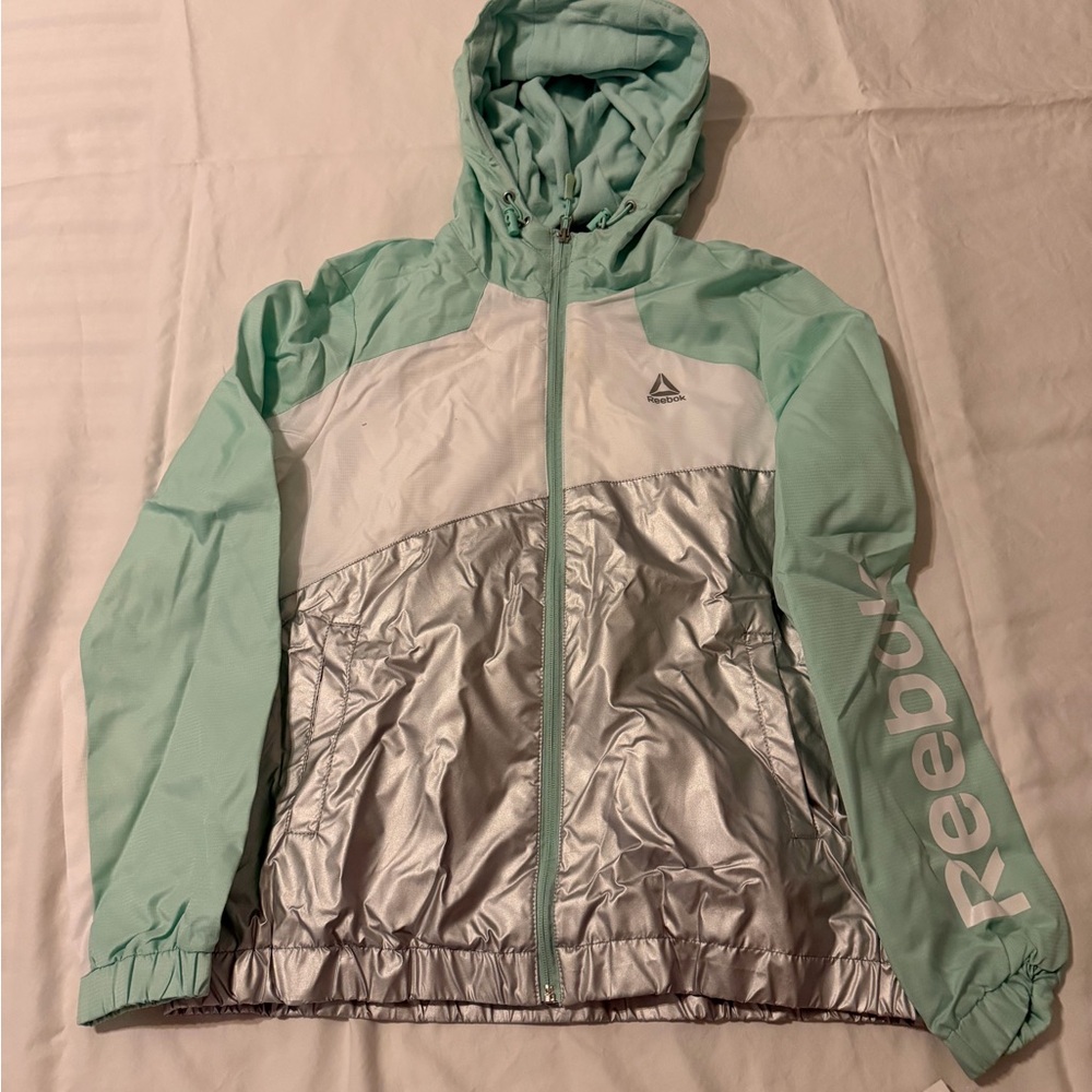 Reebok Mint Green and White Hooded Windbreaker Jacket - medium
